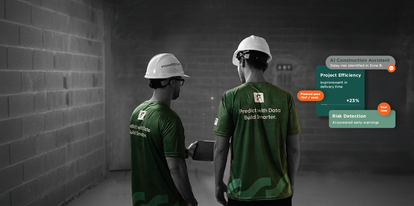 FlowStructAI construction workers with AI analytics overlay